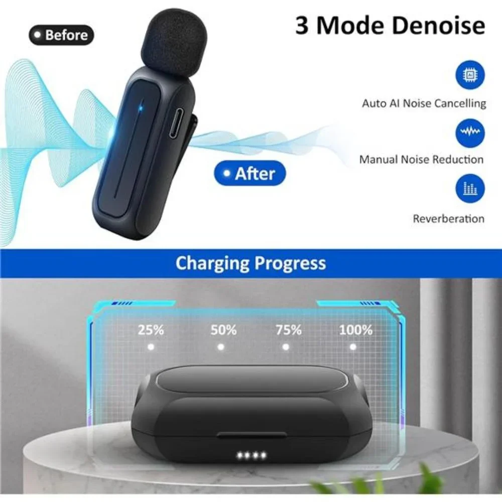 2 Pcs Wireless Lavalier Microphone with Charging Case, 3 Mode Denoise, 70ft